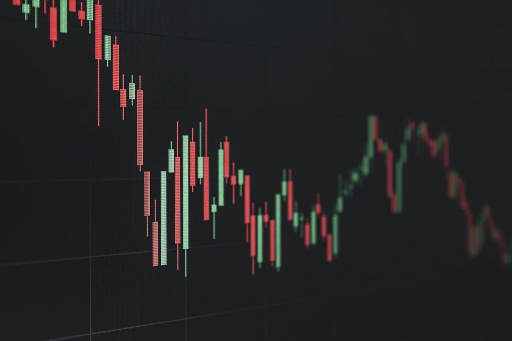 Stock market data chart showing trends in red and green