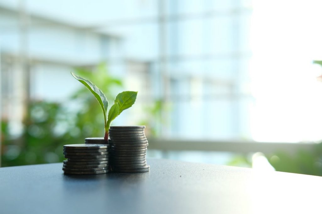 A small plant sprouting from stacked silver coins, symbolizing growth in finance